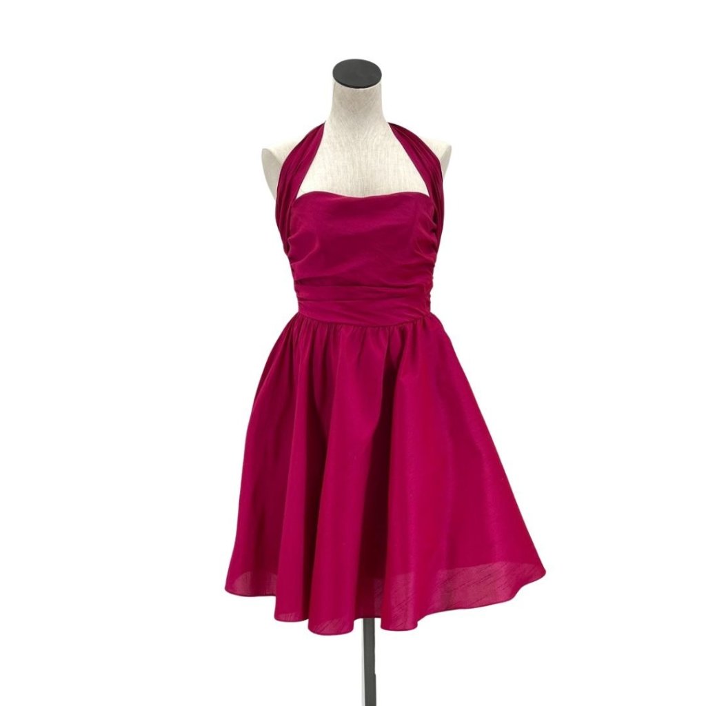 80s Magenta Halter Neckline Fit And Flare Party Dress